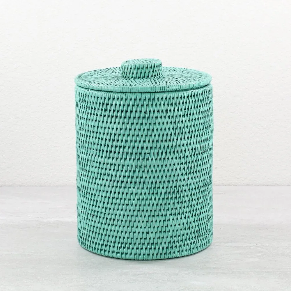 NEW Tight Woven Rattan Waste Basket Bin w Lid (with Plastic Insert)-Turquoise